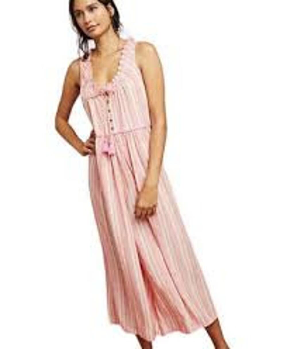 Anthropologie Wide Leg Jumpsuit Milkmaid‎ Romantic Pink Stripe Button Ruffle Top